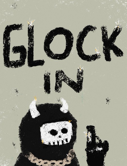An illustration of a hooded skeletal figure with horns and a gold chain, pointing upward, with the words 'GLOCK IN' written in rough black text above it.