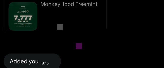A chat screenshot shows a contact named "MonkeyHood Freemint" with a green profile picture reading "7,777 MONKEYS," who has added the user at 9:15, relating to the post's enthusiasm about new connections and engagement with the Sleepagotchi project.