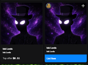 Two NFT listings for 'Ink Lords' show identical mysterious figures wearing black top hats with glowing white eyes against purple cosmic backgrounds, with one priced at 'Top offer $0.61' and the other marked 'List Item'.