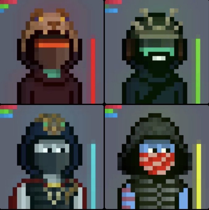 Four pixel art character portraits displayed in a grid, each wearing a hood and visor, with colored vertical bars beside them.
