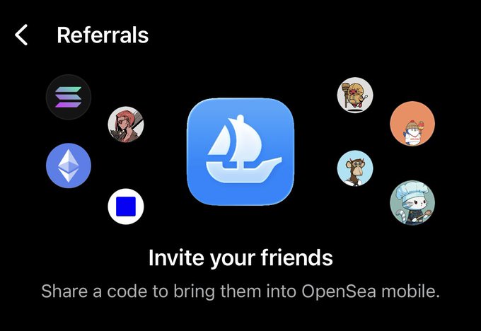 In the image, there are several different social media icons representing various platforms such as Facebook, Twitter, and Instagram. The text overlay on a black background indicates that someone is using an app called @opensea beta, which has been referred to in the caption above the image. The main focus of this post is inviting friends, suggesting that the person creating or viewing the content wants to include more people by sharing them on these social media platforms.