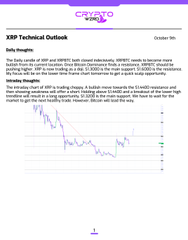 A financial document titled 'XRP Technical Outlook' dated October 9th displays a daily insights chart showing a downward trend with moving averages marked at $0.37, $0.36, and $0.35.