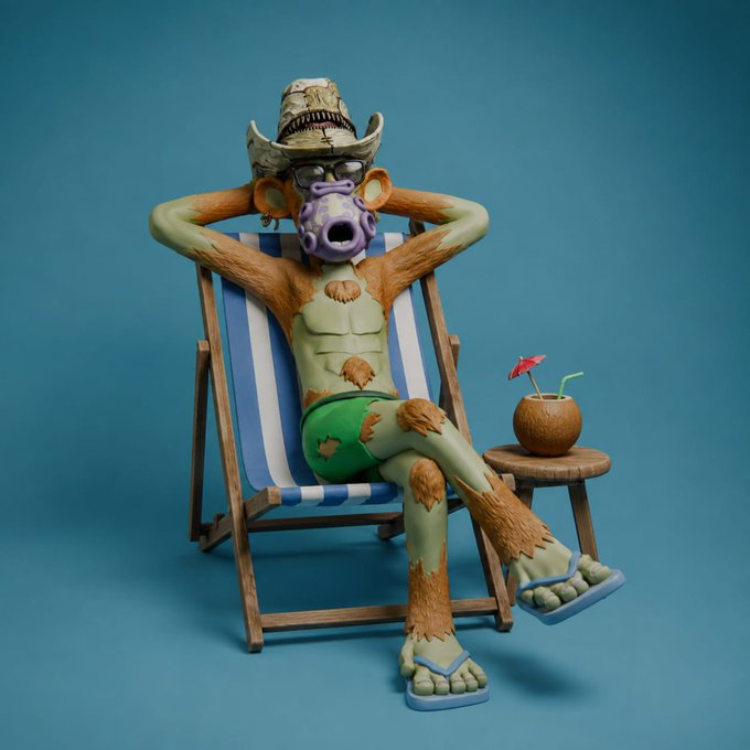 A 3D-rendered anthropomorphic monkey character wearing a cowboy hat, sunglasses, green swim trunks, and flip-flops, relaxing on a blue and white striped beach chair next to a coconut drink with a small umbrella.