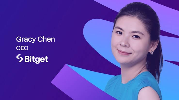 A Bitget promotional banner featuring CEO Gracy Chen against a purple background.