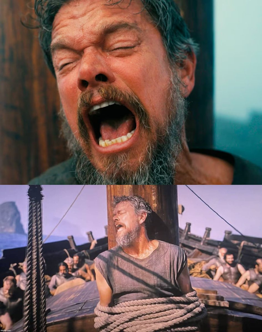 Two cinematic stills from a film showing a bearded man with graying hair screaming intensely, with the bottom image depicting him tied to a wooden post on what appears to be a ship.