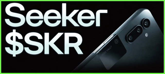 The image features large white text reading "Seeker $SKR" alongside a dark-colored smartphone with a visible camera module, designed as a promotional graphic for the Seeker's cryptocurrency and device. 

The image relates to the accompanying post by visually anchoring the $SKR ticker and Seeker branding, creating a stark contrast between the polished, official-looking presentation of the brand and the underlying message about the disconnect between ecosystem integration and actual token price performance driven by real user demand.