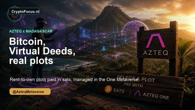 A promotional graphic for 'CryptoFocus.nl' featuring an advertisement for 'AZTEQ x MADAGASCAR' with text reading 'Bitcoin, Virtual Deeds, real plots' and 'Rent-to-own plots paid in sats, managed in the One Metaverse' alongside a Bitcoin logo and the handle '@AzteqMetaverse'.