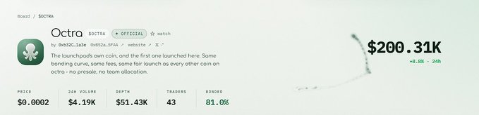 A cryptocurrency trading page displays the coin 'Octra' at $0.0002 with a market cap of $200.31K, described as the first launched coin on octra with no presale.