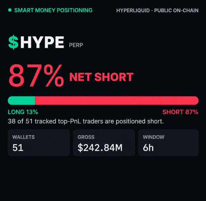 The image displays a smart money positioning dashboard for the $HYPE perpetual on Hyperliquid, showing that 87% of 51 tracked top-PnL traders are net short (with only 13% long), representing $242.84M in gross exposure over a 6-hour window. This data visualization directly supports the post's claim about the heavily crowded short positioning on HYPE, illustrating the extreme one-sided bias that could trigger a squeeze if price moves against expectations.