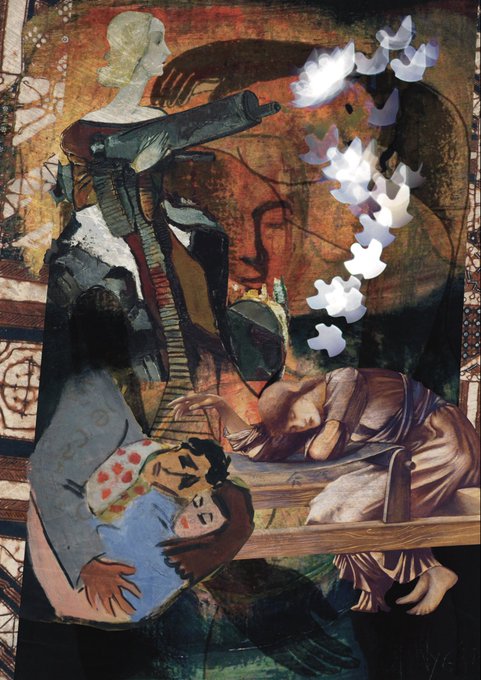 The image features a painting with an abstract style, which includes elements of surrealism such as a man holding a gun over a woman's head. The painting also contains a bird flying above the scene. The artist has used various colors and shapes to create this unique piece of art that evokes emotions and thoughts in the viewer.