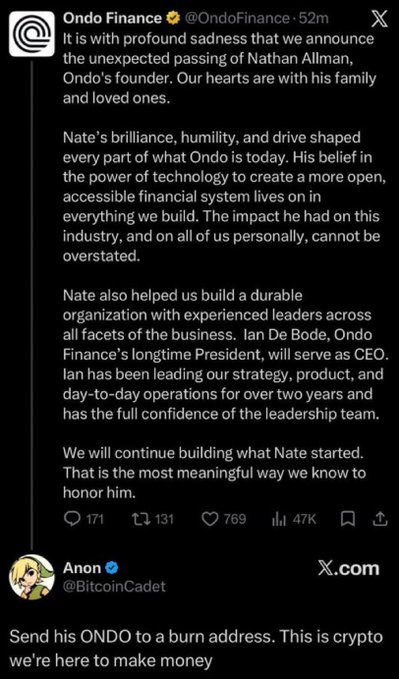 The image shows a black Twitter screen with text written in white, including information about an organization called Onimo Finance and a message from a user named @anon. The text suggests that the founder of ethereum, 0xfaba6f8e4a5e8ab82f62fe7c39859fa577269be3 has passed away and the holders are proposing to burn his tokens in order to make money.
