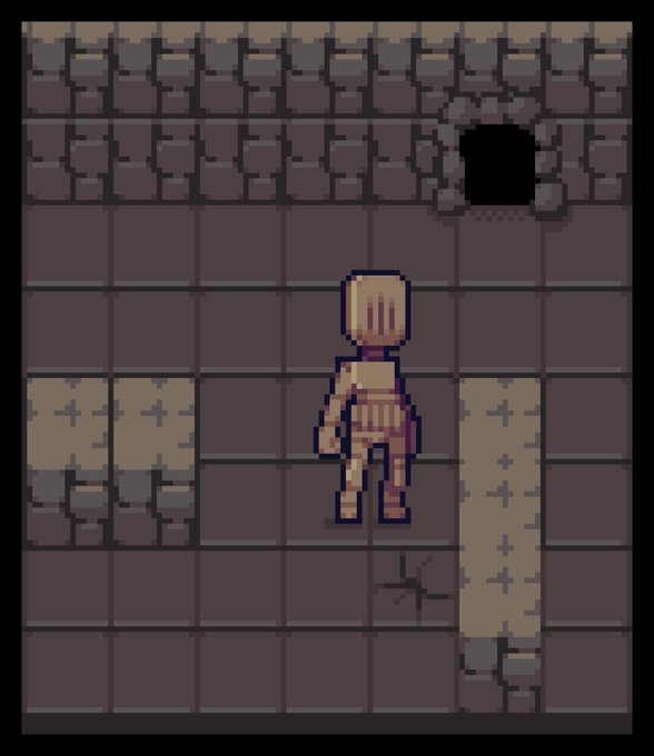 A pixel art dungeon scene featuring a skeletal figure standing near a hole in the brick wall and stone platforms.