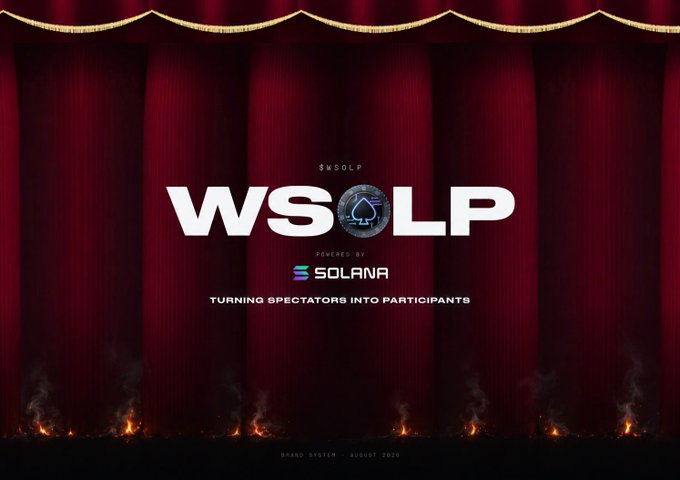 The image displays a promotional graphic for "$WSOLP" powered by Solana, featuring the tagline "TURNING SPECTATORS INTO PARTICIPANTS" against a theatrical red curtain backdrop with flames along the bottom, dated August 2020. This branding aligns with the post's claim of legitimacy by showcasing the actual platform's official marketing materials, reinforcing the argument that their "videos" represent real product (the $WSOLP platform on Solana) rather than fabricated promotional content.