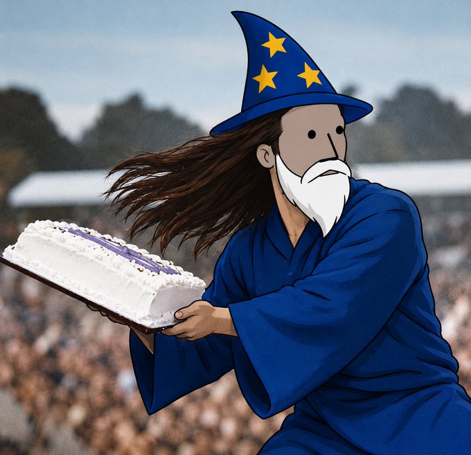 An illustrated wizard with a long white beard, wearing a blue robe and a blue star-patterned hat, carrying a large white cake with purple icing in front of a stadium crowd.