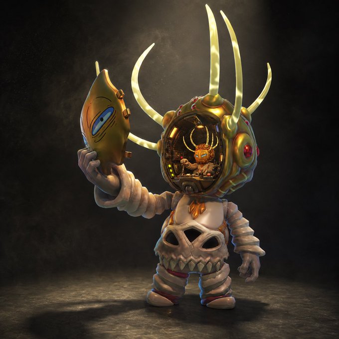 A 3D-rendered astronaut-like character with an antlered helmet holding a golden mask, featuring a skull-like faceplate on its suit, with a small creature visible inside the helmet's glass visor.