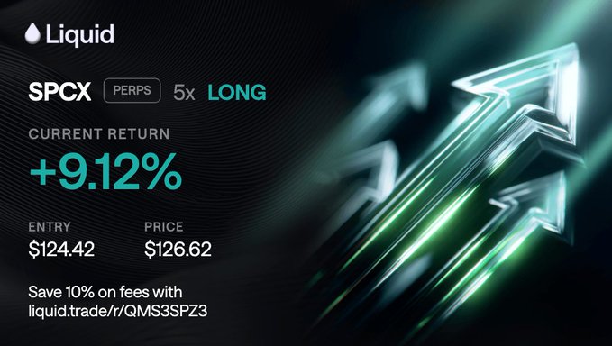 A promotional graphic from Liquid exchange showing a 5x LONG position on SPCX PERPS with a current return of +9.12%, entry $124.42, price $126.62, and a referral link liquid.trade/r/QMS3SPZ3.