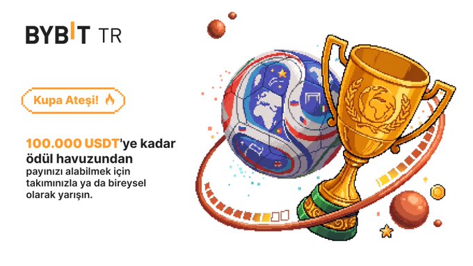 A Bybit TR promotional graphic featuring a soccer ball and gold trophy illustration, with Turkish text advertising 'Kupa Ateşi' (Cup Fire) and '100.000 USDT' prize pool for personal or team trading competition.