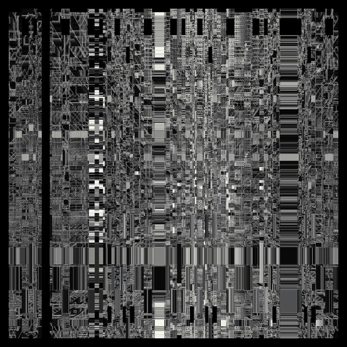 A UV map or texture atlas, displaying a flattened, grayscale representation of various geometric shapes and patterns used for 3D modeling.