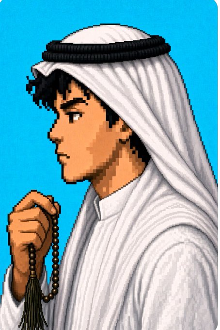 A pixel art style illustration of a young man wearing traditional Arab attire including a white ghutra and agal, holding prayer beads, set against a bright blue background.