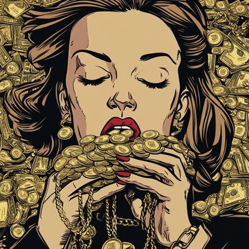 A stylized pop-art illustration of a woman with closed eyes, red lipstick, and gold jewelry greedily consuming gold coins surrounded by a backdrop of dollar bills.