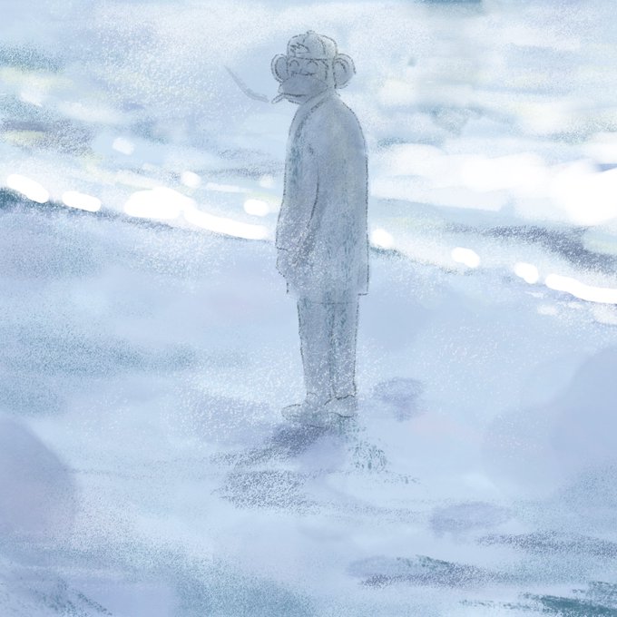 An artistic, sketch-like drawing of a figure wearing a coat, glasses, and a hat, standing in a snowy, atmospheric landscape.