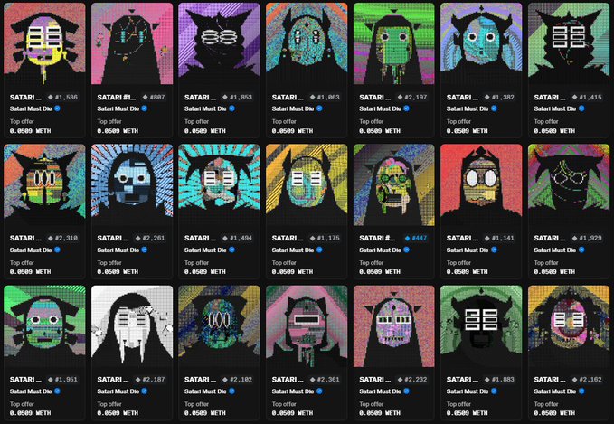 A grid of digital artwork tiles titled 'SATARI...' with various face designs, each showing a top offer of 0.8589 WETH.