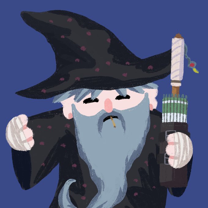 An illustration depicts a wizard with a large black hat and grey beard holding a wooden staff topped with a candle.