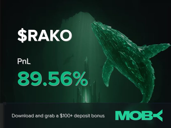 A promotional graphic for Moby Mobile showcasing a successful trade of $RAKO with an impressive PnL of +89.56%, featuring a green crystalline whale swimming upward against a dark underwater backdrop. The image highlights the platform's win alert alongside a call-to-action offering a "$100+ deposit bonus" for new users.