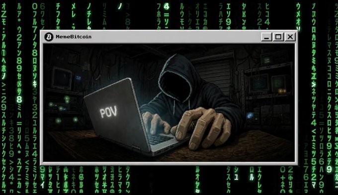 A digital artwork showing a hooded figure typing on a laptop labeled 'POV' in a window marked 'MemeBitcoin,' set against a Matrix-style background of falling green Japanese characters.