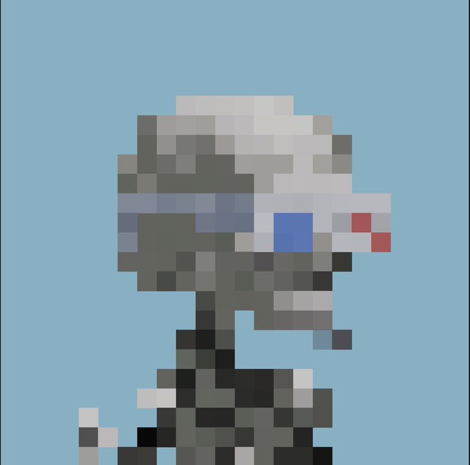A pixelated NFT art image showing a low-resolution figure wearing a helmet or mask against a blue background, fitting the poster's humorous complaint about barely being able to identify the obscure artwork they paid $500 for.