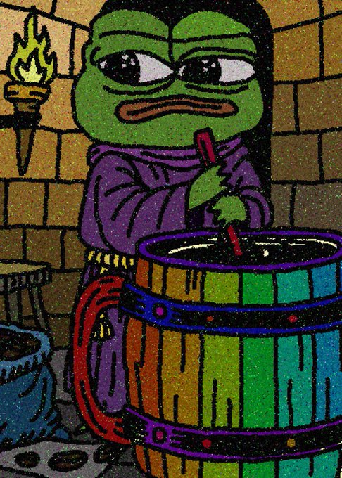 A glittery, colorful drawing of a green cartoon duck-like character wearing a purple robe and stirring a rainbow-colored cauldron with a red stirring stick in a dungeon setting.