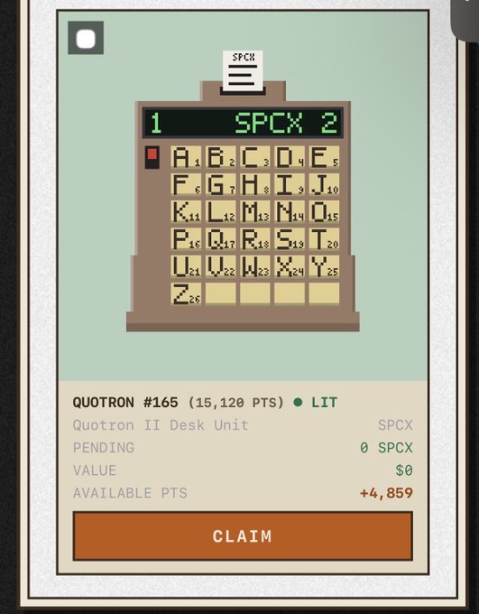 A digital card showing a pixel-art Quotron II Desk Unit displaying 'SPCX' with a claim button and 0 SPCX pending.