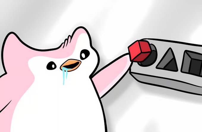 A pink and white cartoon bird with drool dripping from its beak reaches toward a red button on a remote control with play/pause buttons, illustrating the meme's question about choosing "left, mid, or right curve $POLLY."