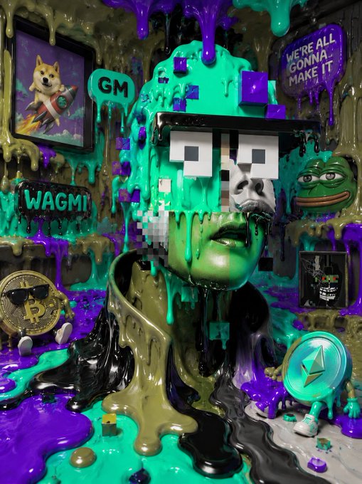The image features a unique art piece that appears to be a melting head, possibly made out of liquid or another substance that looks like melted plastic. The scene takes place within an area filled with various objects, including rocks, a dog, and what seems to be some sort of futuristic-themed decoration. On the surface where the melted head is displayed, there are logos for different video games such as "WAGM", "GM R333 The atmosphere is so intense it'S almost melting here. - Trading volume exceeded 300 $ETH - Up 40% today All this and we're still at the beginning! What have you guys done?". 
The image seems to be related to a post about a video game or artwork, as suggested by the presence of these elements in the scene. The art piece, which appears to be made out of melted plastic or another substance, has an intense atmosphere and is described as almost melting. This could symbolize something happening within the gaming community or within the world depicted in the image.