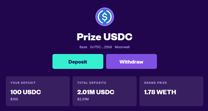 A digital interface for a 'Prize USDC' app showing options to 'Deposit' and 'Withdraw', with stats for 'YOUR DEPOSIT' at 100 USDC, 'TOTAL DEPOSITS' at 2.01M USDC, and 'GRAND PRIZE' at 1.78 WETH.