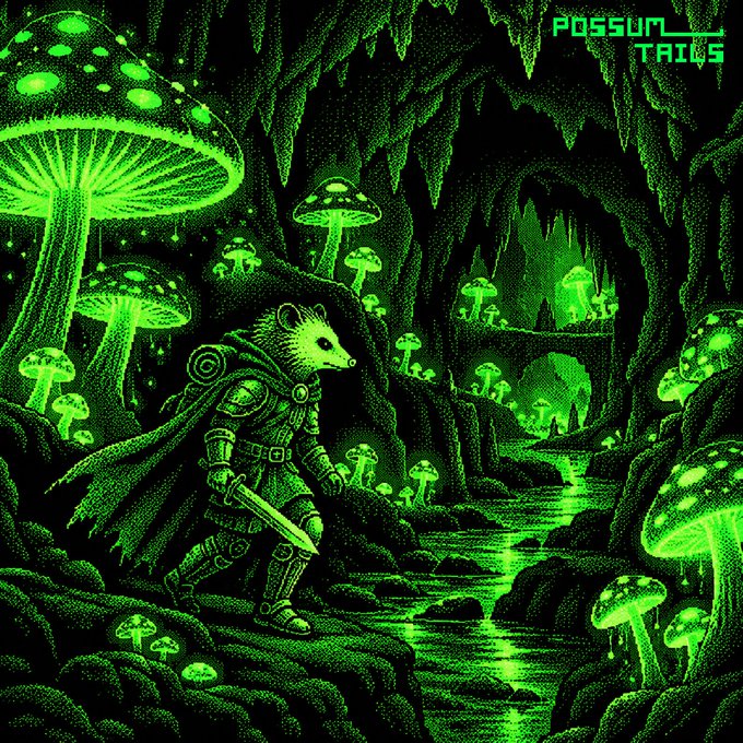 Green pixel-art illustration titled 'POSSUM TRIBE' depicting an armored possum warrior with a sword exploring a glowing cave filled with bioluminescent mushrooms.
