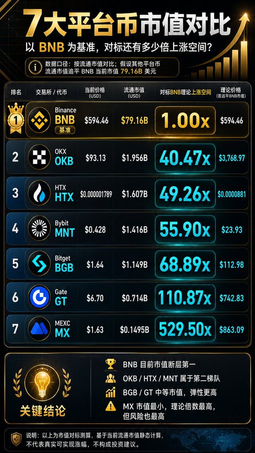 The image displays a comparison of market capitalizations across 7 major cryptocurrency exchanges, using BNB ($79.16B) as the benchmark, showing theoretical upside multiples for tokens like OKB (40.47x), HTX (49.26x), MNT (55.90x), BGB (68.89x), GT (110.87x), and MX (529.50x). 

This visual supports the post's claim about exchange tokens being profitable investments, as it illustrates the significant growth potential across various exchange platform coins regardless of market conditions, with Gate's GT showing particularly notable upside of 110.87x relative to BNB's current market cap.