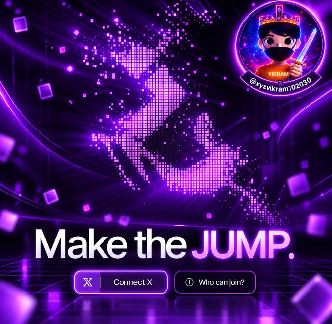 A purple pixelated ninja character leaps dynamically against a vibrant purple digital background, with a logo in the top right featuring "VIKRAM @xyzvikram102030" and the bold tagline "Make the JUMP." below, alongside "Connect X" and "Who can join?" buttons—visually reinforcing the post's call to join the $JUMP token waitlist at jumper.xyz before launch.