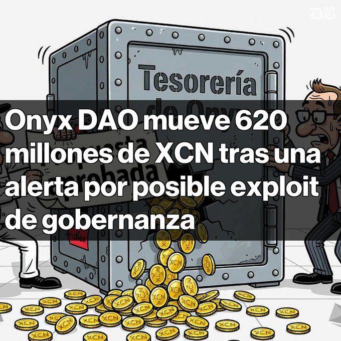 A cartoon illustration of a vault marked 'Tesorería de Onyx DAO' overflowing with XCN coins, accompanied by Spanish text reading 'Onyx DAO mueve 620 millones de XCN tras una alerta por posible exploit de gobernanza'.