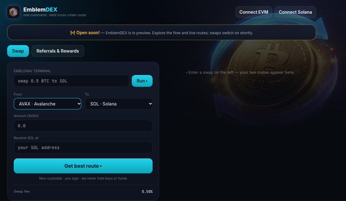 A screenshot of the EmblemDEX cryptocurrency swap interface, currently in 'Open soon!' preview, showing a terminal for swapping 0.5 BTC to SOL from AVAX (Avalanche) with a 0.50% fee.