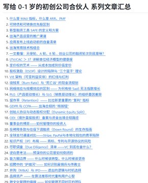 A Chinese document titled '写给 0-1 岁的初创公司合伙人 系列文章汇总' listing 27 article topics for startup founders, with topics covering topics like SAFEs, SAFE financing, co-founder relationships, and equity splits.