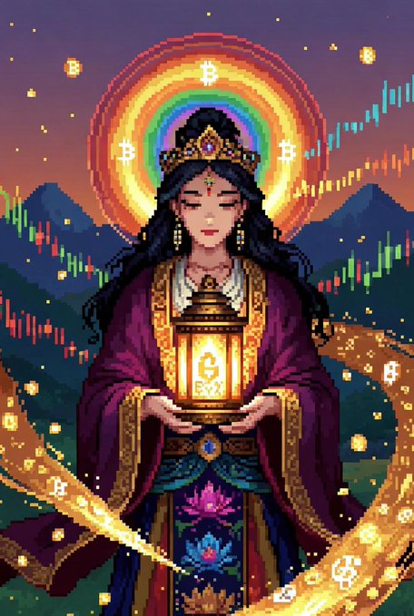 Pixel art of a woman in traditional dress and a crown holding a glowing lantern, set against a background of mountains, Bitcoin logos, and candlestick charts.