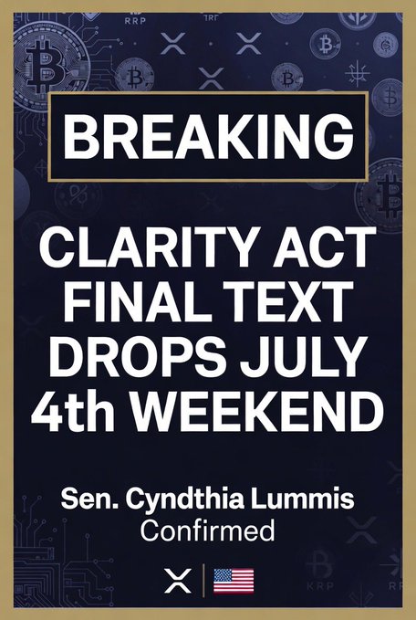 A breaking news graphic featuring Bitcoin and XRP logos announces that the final CLARITY Act text will drop on the July 4th weekend, with Sen. Cynthia Lummis confirming the news, aligning with the post's announcement about upcoming crypto regulation including CFTC oversight for assets like XRP.