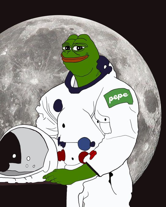 A cartoon illustration of Pepe the Frog dressed in a white spacesuit with a 'pepe' name patch, holding a helmet with the moon in the background.