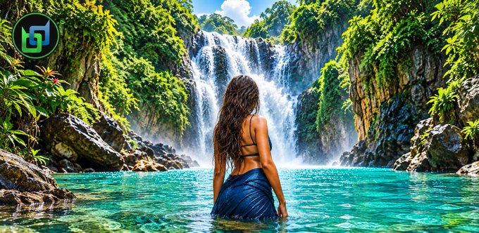 A woman in a blue wrap stands in a turquoise pool facing a large tropical waterfall; a small circular logo appears in the upper-left corner.