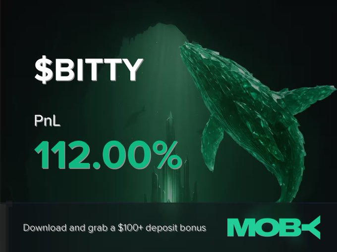 A promotional graphic for Moby Mobile showcases a green, crystalline whale in an underwater scene alongside the "$BITTY" ticker and a bold "112.00%" PnL figure, promoting a $100+ deposit bonus download offer. The imagery reinforces the post's win alert, celebrating a trader who closed their $BITTY position with +112.00% profit as the token grew from $211.72K to $2.19M market cap.