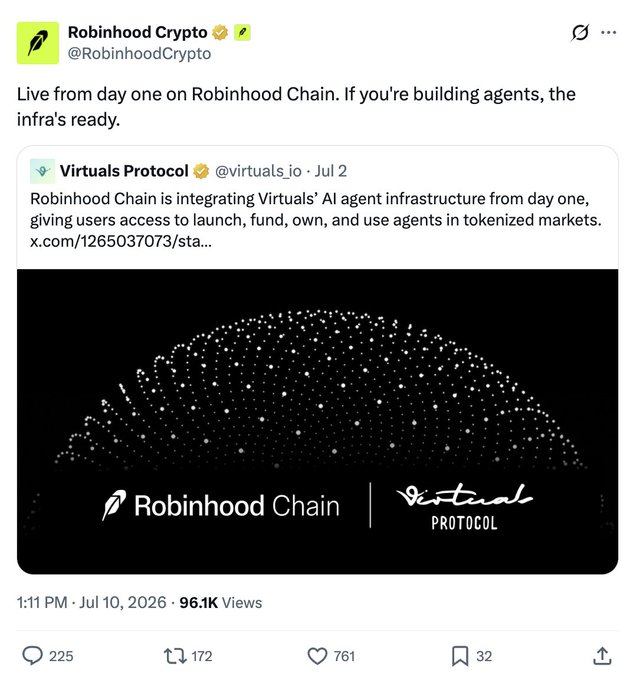 A Twitter/X post from Robinhood Crypto (@RobinhoodCrypto) promoting their integration with Virtuals Protocol's AI agent infrastructure on Robinhood Chain, posted July 10, 2026.