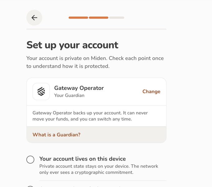 A mobile app screen titled 'Set up your account' on Miden, showing account privacy settings with 'Gateway Operator' listed as the Guardian and an option stating 'Your account lives on this device.'