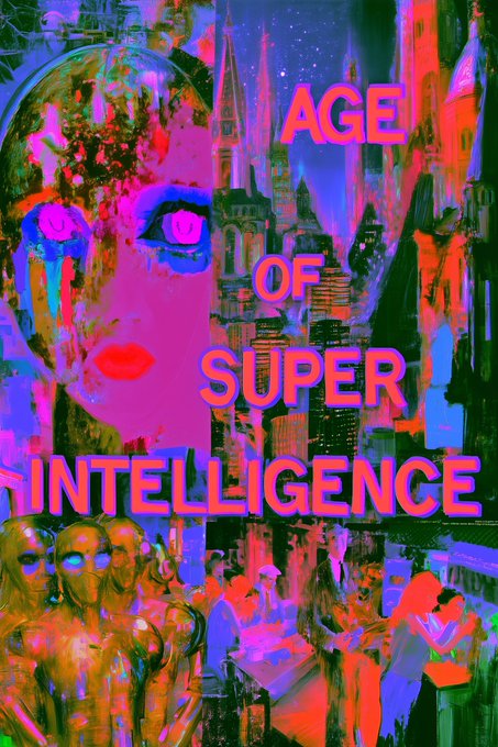 A vibrant, psychedelic digital poster reads 'AGE OF SUPER INTELLIGENCE' in bold pink text, overlaid on a collage featuring a face with pink makeup, a cityscape, and crowds of people.