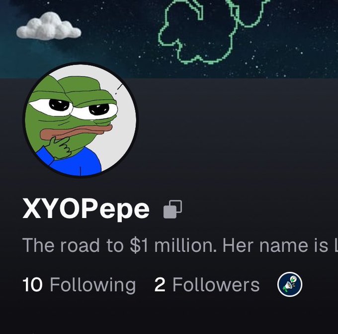 A social media profile for 'XYOPepe' featuring a green Pepe the Frog avatar, with the bio reading 'The road to $1 million. Her name is L' and showing 10 Following and 2 Followers.